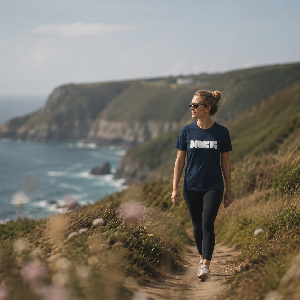 Woman walking along a coastal path in a HIKR tshirt with cliffs and ocean in the background