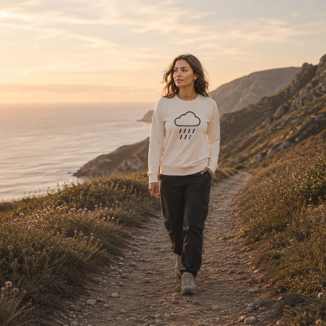 Woman walking on a trail by the ocean with a scenic background