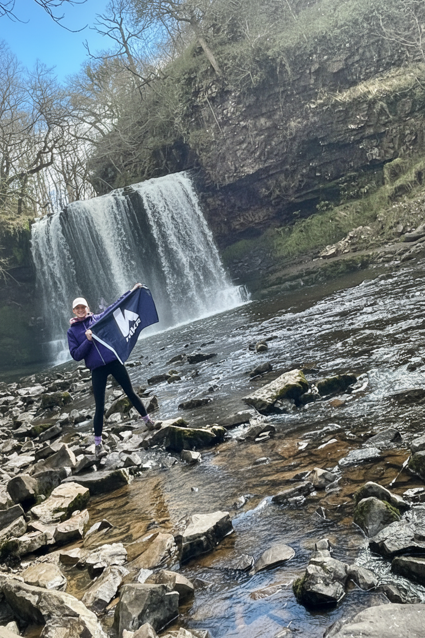 Person holding a HIKR flag in front of a waterfall with social media icons overlayed