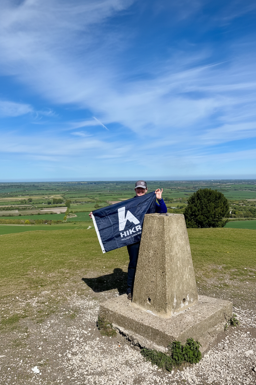 Person holding a HIKR flag at the top of Irvinghoe Beacon with a scenic view in the background.