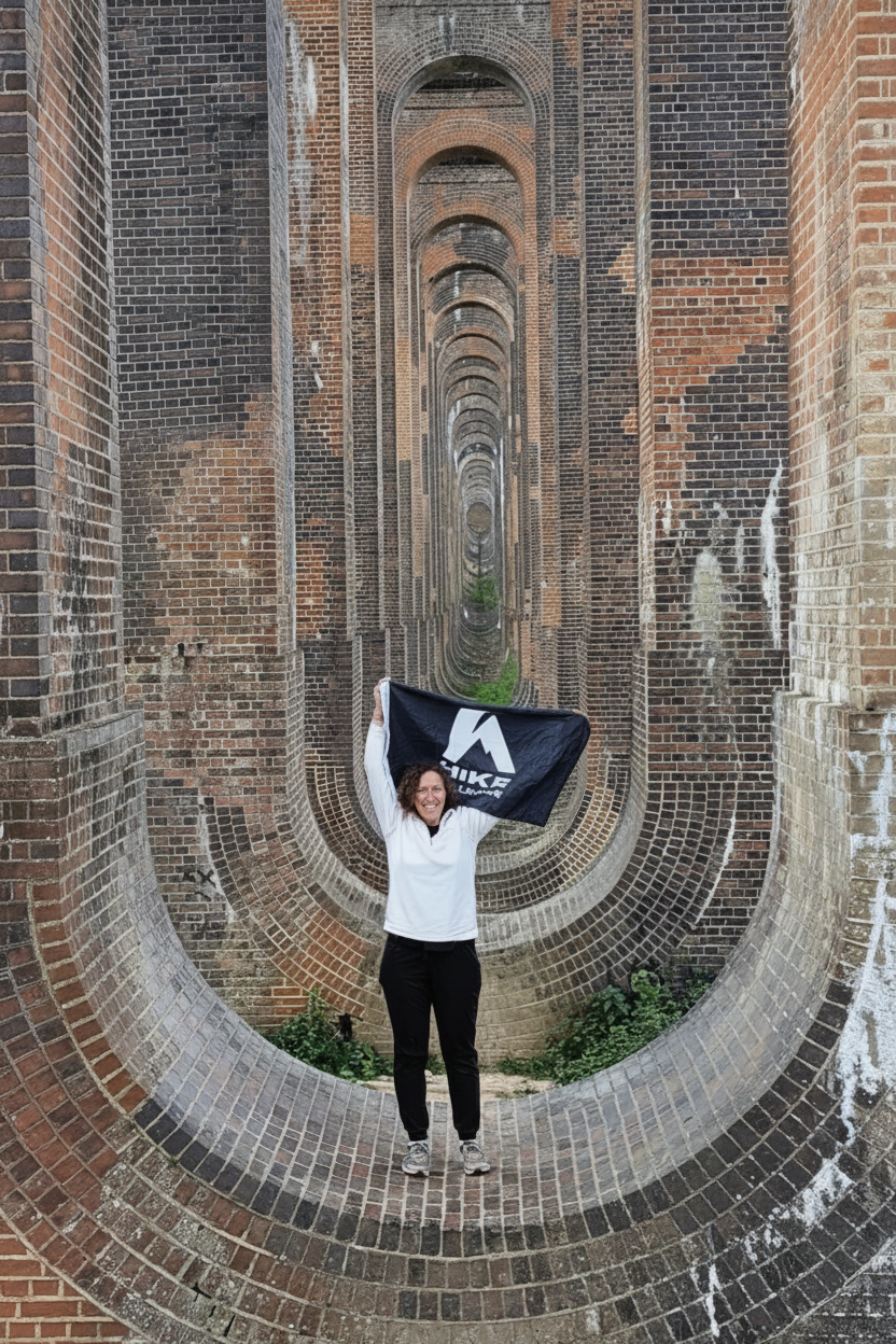 Person holding a flag inside a brick tunnel with 'Bank holiday wālkies' text and HikR branding.