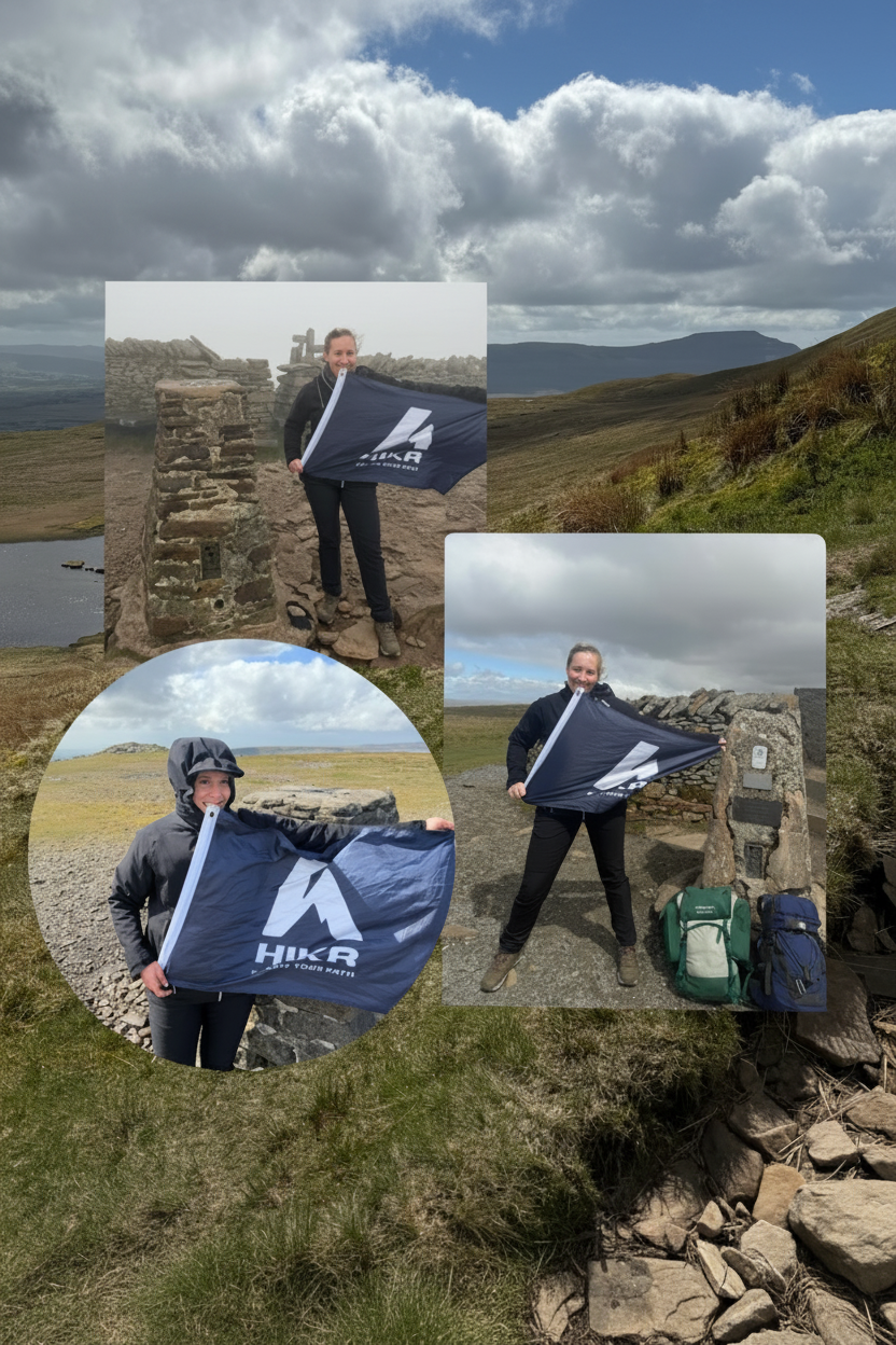 Person holding a Hikr branded flag on a mountain with text about the Yorkshire Three Peaks Challenge.